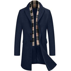 Men's Navy Blue Trench Overcoat Wool Blend Coat with Detachable Single Breasted